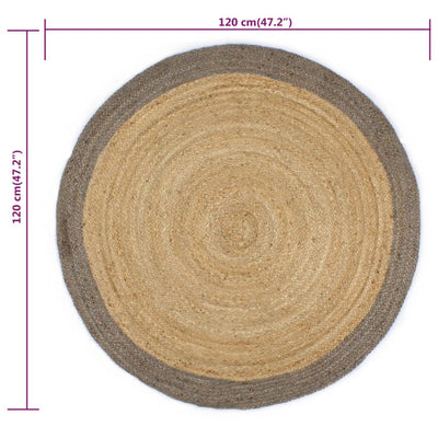 Vloerkleed handgemaakt met grijze rand 120 cm jute