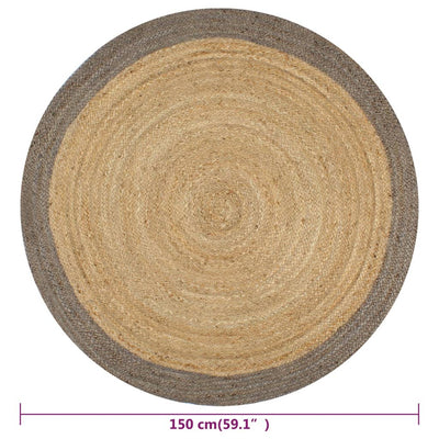 Vloerkleed handgemaakt met grijze rand 150 cm jute