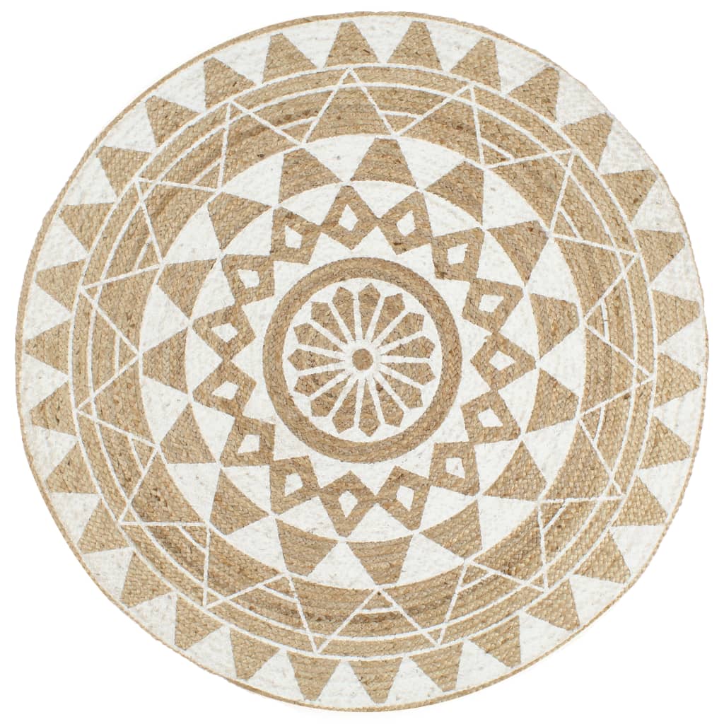 Vloerkleed handgemaakt met witte print 90 cm jute