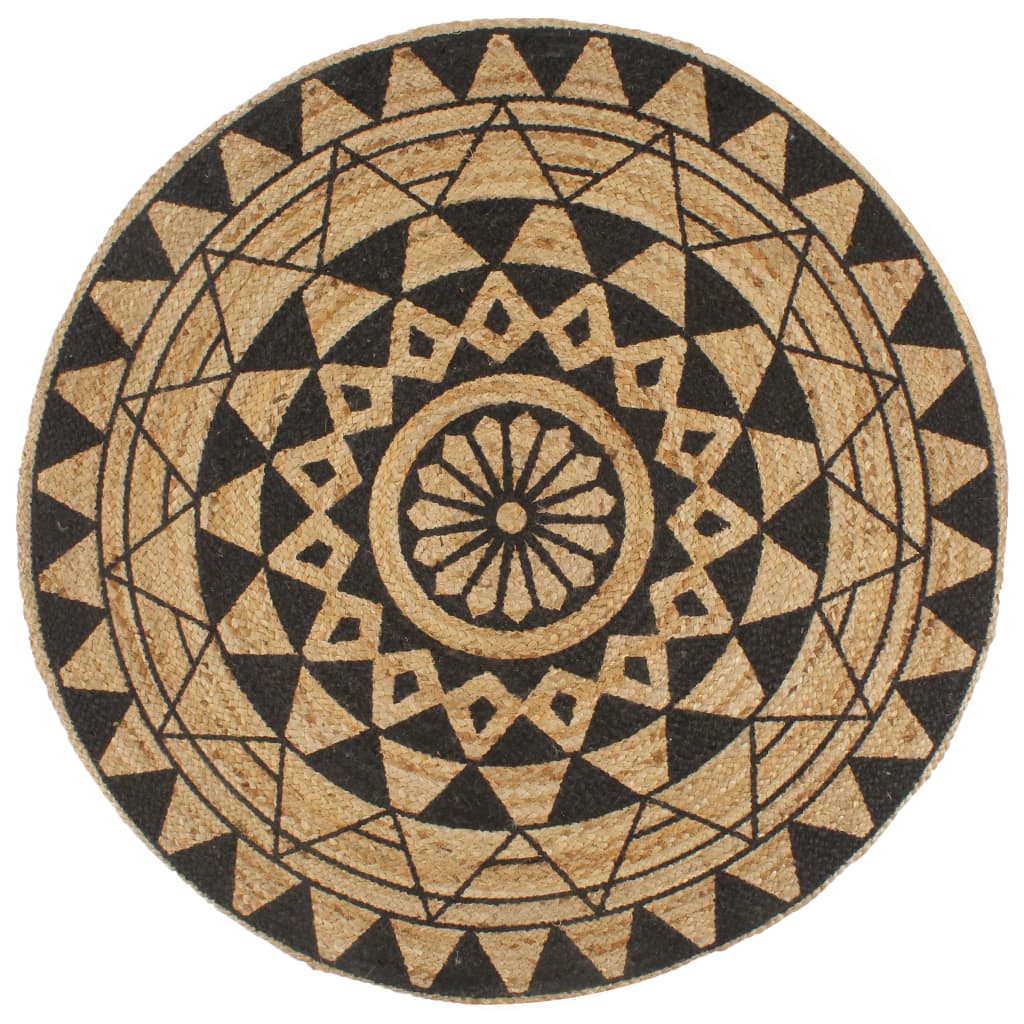 Vloerkleed handgemaakt met zwarte print 150 cm jute
