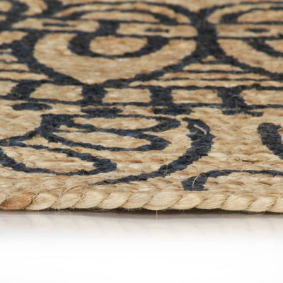 Vloerkleed handgemaakt met donkerblauwe print 90 cm jute