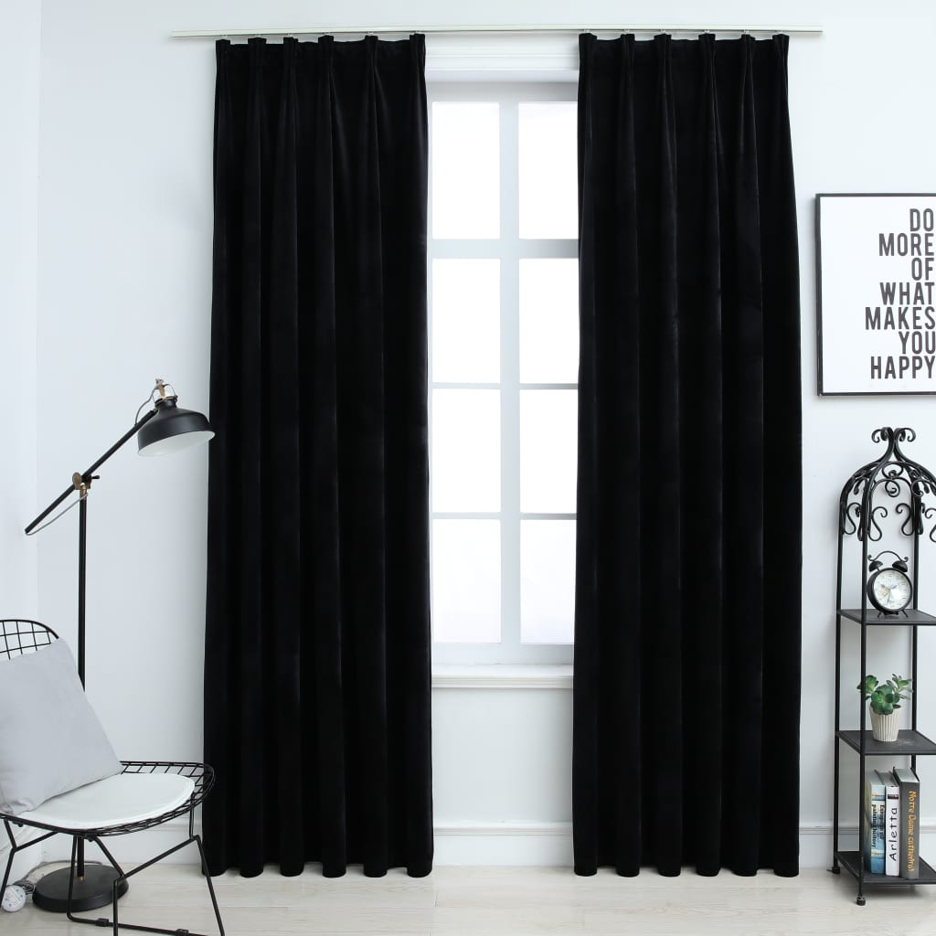 Gordijnen verduisterend 2 st met haken 140x175 cm fluweel zwart