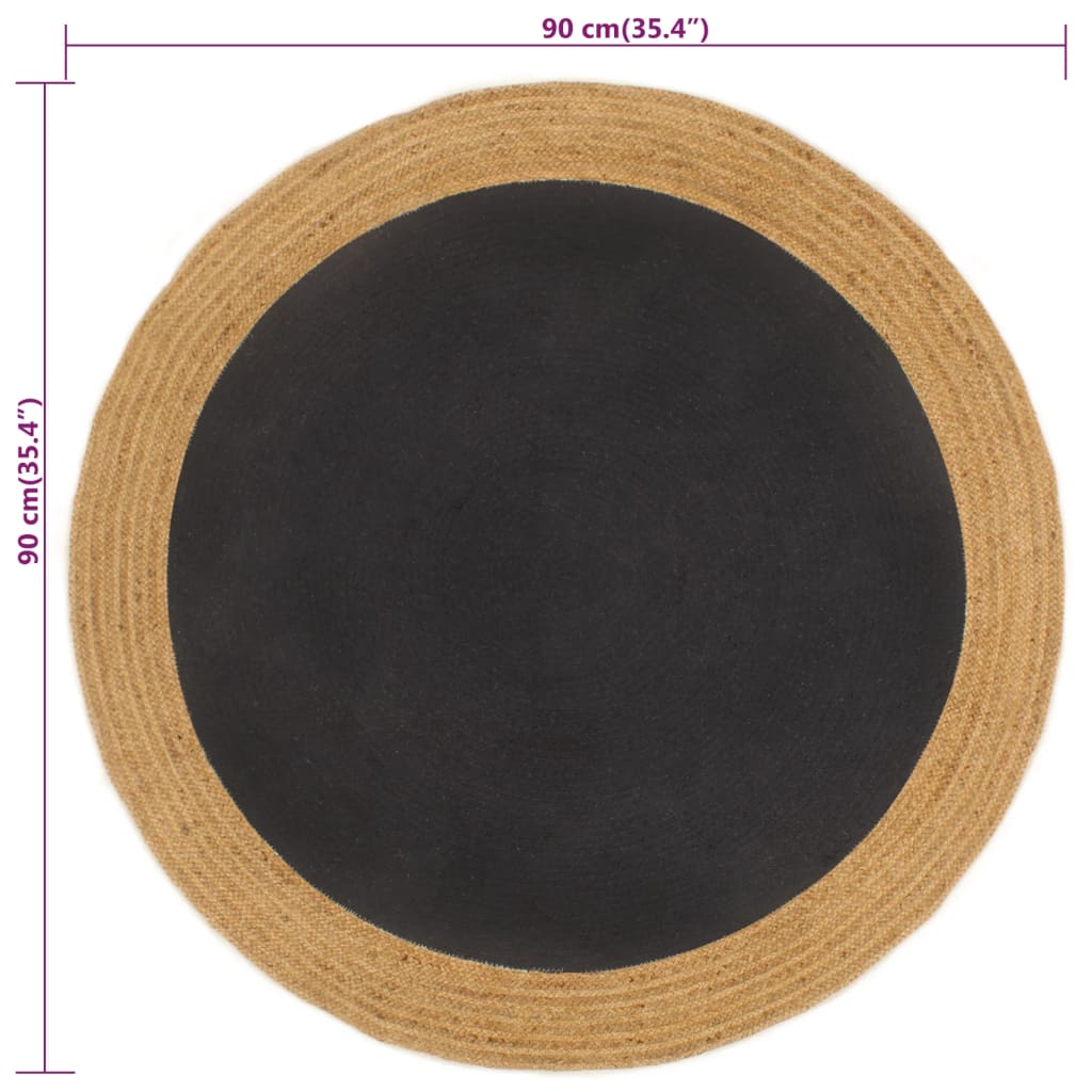 Vloerkleed rond gevlochten 90 cm jute en katoen zwart naturel