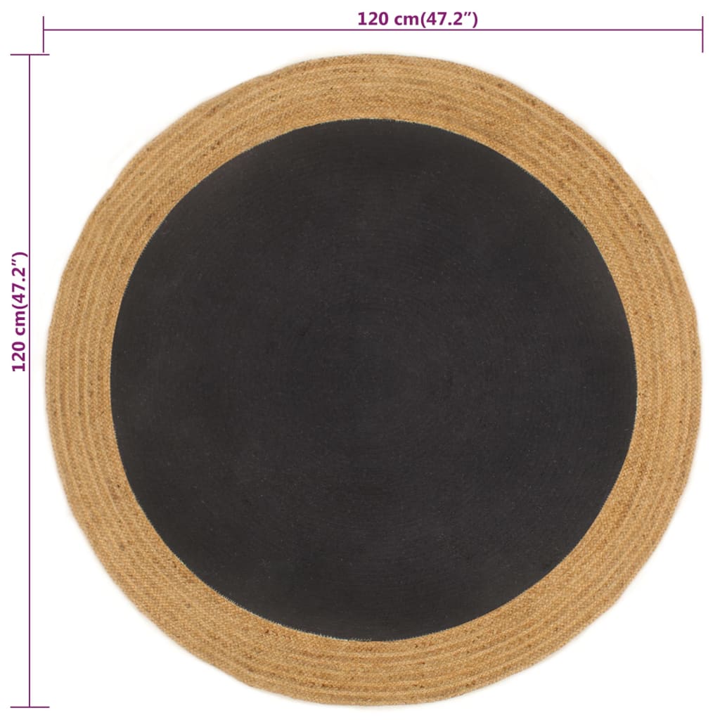 Vloerkleed rond gevlochten 120 cm jute en katoen zwart naturel