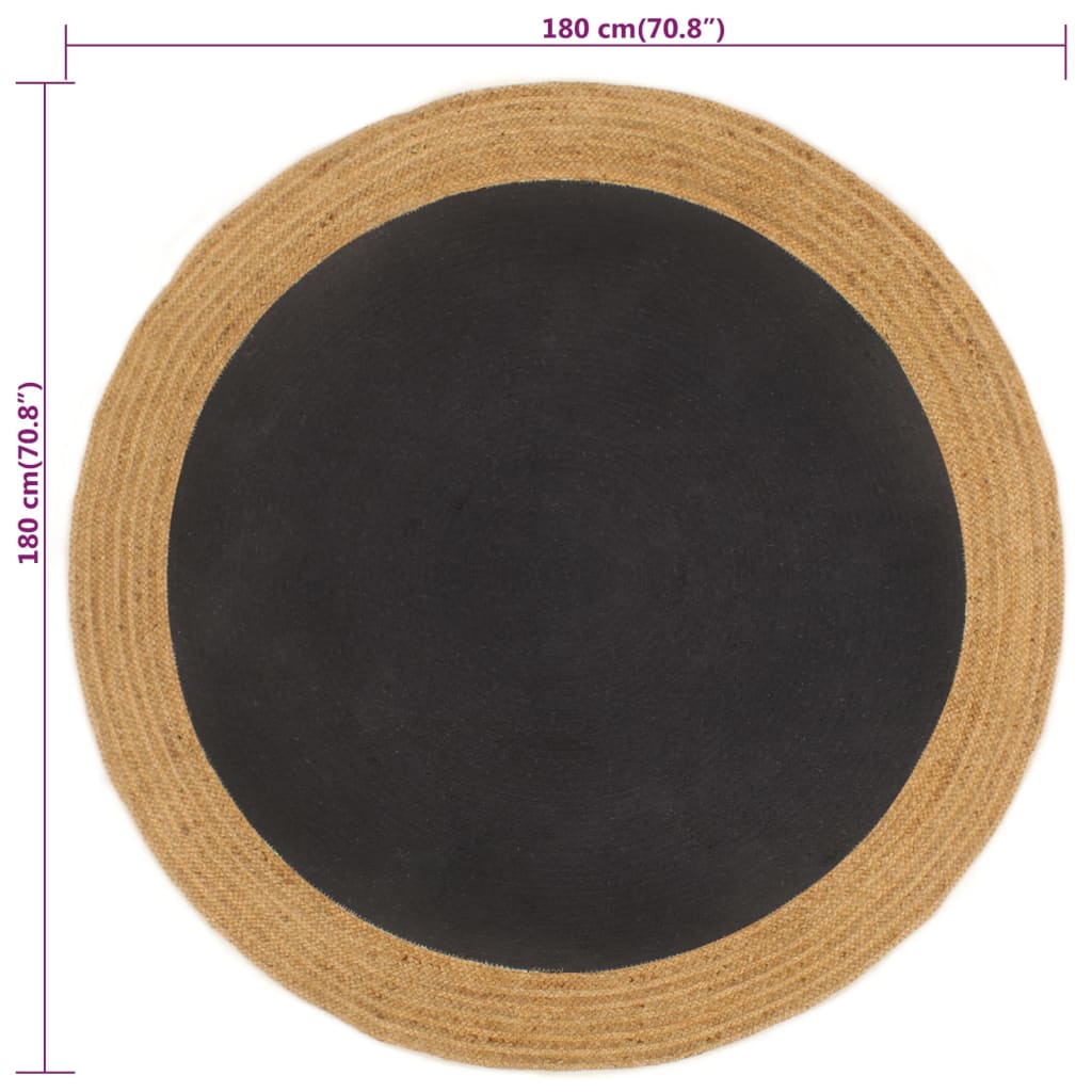 Vloerkleed rond gevlochten 180 cm jute en katoen zwart naturel
