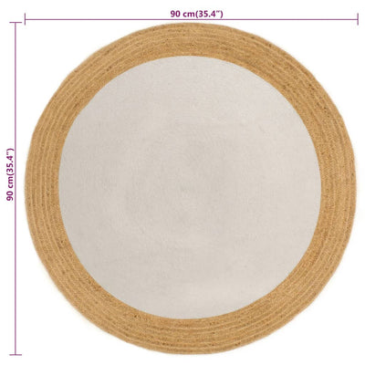 Vloerkleed rond gevlochten 90 cm jute en katoen wit en naturel