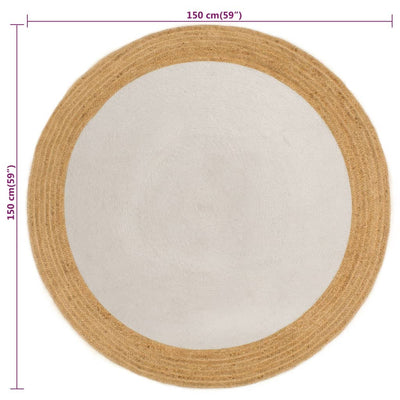Vloerkleed rond gevlochten 150 cm jute en katoen wit en naturel