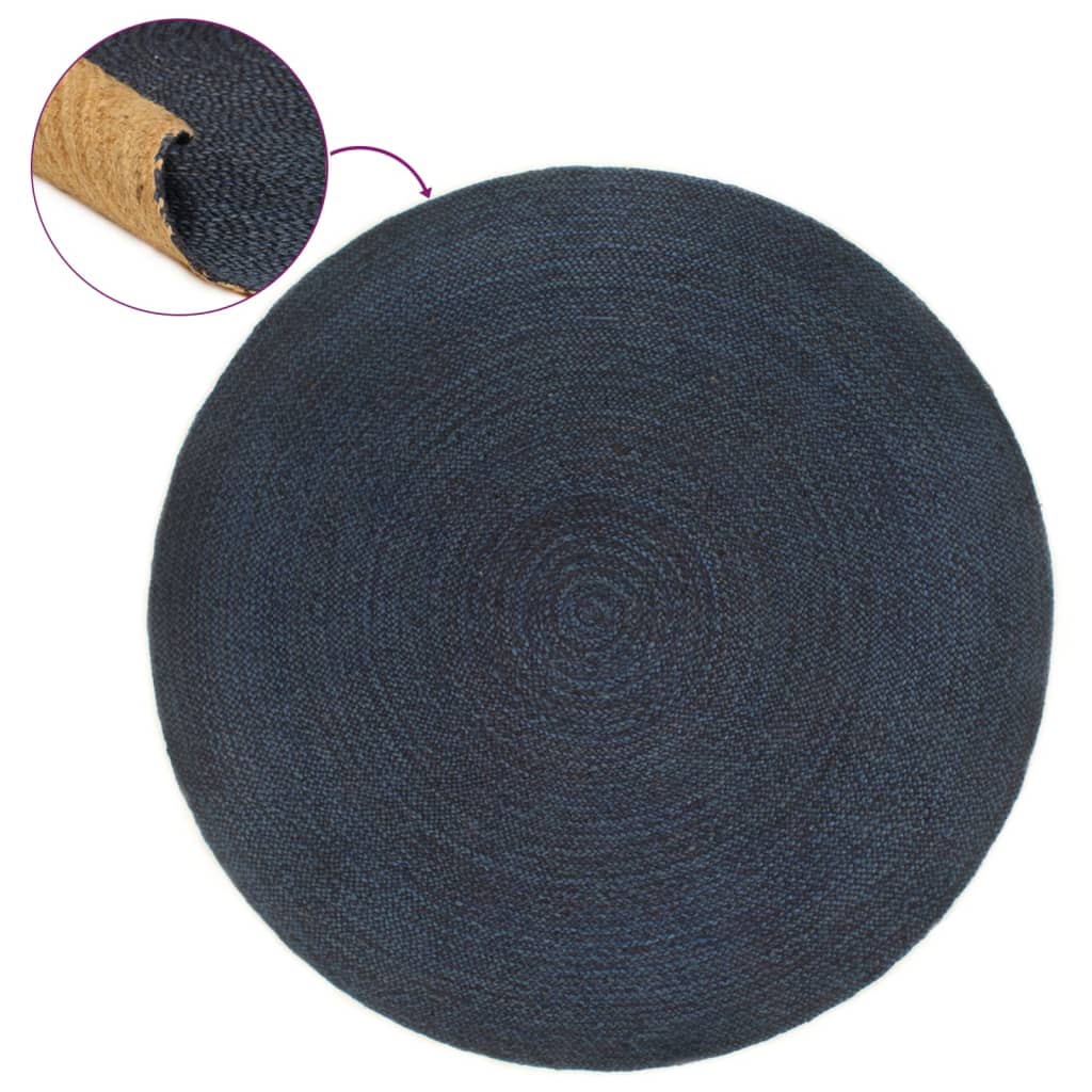 Vloerkleed omkeerbaar rond 120 cm jute marineblauw en naturel