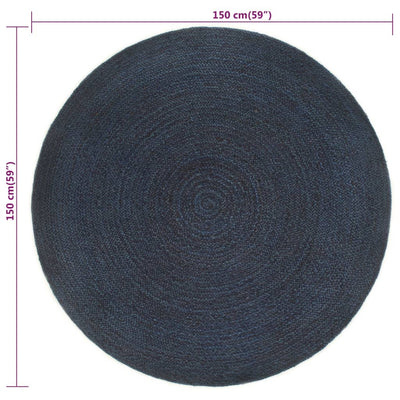 Vloerkleed omkeerbaar rond 150 cm jute marineblauw en naturel